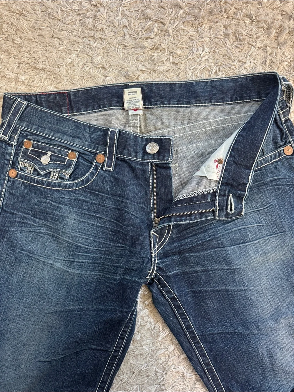 True Religion Dark Blue Flare Jeans with Contrast Stitching